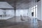 Spacious concrete and wooden glass office interior with various objects and furniture, window with city view and daylight. 3D