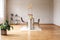 Spacious dining room interior with a golden lamp, wall molding and plant