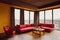 Spacious elegant living room with red sofa and expensive curtains.