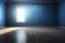 Spacious, empty room with blue walls and a wooden floor, illuminated by light from a window. Ai generated