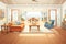 spacious family room with double doors leading to a picturesque deck, magazine style illustration