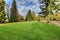 Spacious fenced backyard filled with green grass