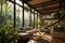 a spacious house with glass walls and many plants inside and immersed