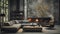 Spacious industrial interior design with high ceillings and dark colors. living room with sofa, fireplace and dining table