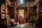 A spacious library filled with numerous bookshelves and comfortable chairs, inviting readers to explore and relax, An old,