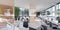 Spacious light and lighted office with work desks and glass partitions between