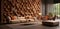 A spacious living area with a 3D honeycomb wall pattern in warm hues,