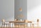 Spacious modern dining room with wooden chairs and table.  Minimalist dining room design. 3D illustration