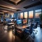 Spacious office with multiple monitors and dramatic lighting