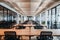 Spacious office with wooden desks, black mesh chairs, large windows, clean ambiance