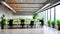 Spacious open space office with modern furniture, office chairs, work desks, green natural plants, and LED lighting. Workspace
