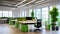 Spacious open space office with modern furniture, office chairs, work desks, green natural plants, and LED lighting. Workspace