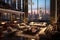 A spacious and opulent living room in a penthouse apartment, featuring high-end furniture, luxurious decor, and panoramic city