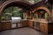 Spacious Outdoor Kitchen With Grill and Sink, Front view of an outdoor BBQ area with an arched gazebo, stainless steel BBQ, ornate
