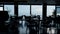 Spacious panoramic restaurant interior in evening dusk. Business lunch concept