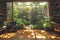 Spacious room with few furniture and some plants ans a large window revealing a lush terrace full of plants with rays of sunlight