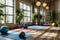 A spacious room filled with numerous yoga mats set up for a yoga class, A quiet corner of a gym with yoga mats and medicine balls