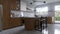 Spacious wooden kitchen with white marble. 3d rendering.