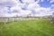 Spacious yard of a home with garden swing lush green grasses and white fence