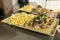 Spaetzle german baked gnocchi with chicken meat, champignons mushrooms asparagus and cheese