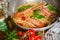 Spagetti with prawns, cherry tomatoes and basil