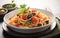 Spaghetti alla Puttanesca Elevated with Tomatoes, Olives, Capers, and Italian Flat-Leaf Parsley, Crafted to Culinary Perfection