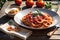Spaghetti with Amatriciana Sauce - Nestled in a Rustic Ceramic Dish Perched Atop a Weathered Wooden Table