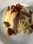 Spaghetti, anchovies, green olives e calabrian pepper