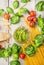 Spaghetti and basil pesto, ingredients for cooking