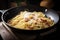 spaghetti carbonara being cooked in a skillet, with bacon and eggs frying