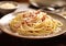 Spaghetti carbonara with cheese and sauce in plate.Macro.AI Generative