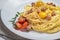 spaghetti carbonara, delicious western food, spaghetti with meat and partridge egg
