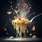 spaghetti carbonara italian dish with bacon and egg in fly splash effect macro photography shot