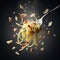 spaghetti carbonara italian dish with bacon and egg in fly splash effect macro photography shot
