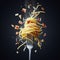 spaghetti carbonara italian dish with bacon and egg in fly splash effect macro photography shot