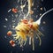 spaghetti carbonara italian dish with bacon and egg in fly splash effect macro photography shot