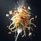 spaghetti carbonara italian dish with bacon and egg in fly splash effect macro photography shot