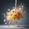 spaghetti carbonara italian dish with bacon and egg in fly splash effect macro photography shot