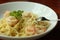 Spaghetti Carbonara or white cream sauce pasta with shrimp