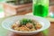 Spaghetti with chicken and basil crispy. Selective focus.