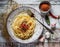 Spaghetti with chili pepper, garlic and herbs on a white plate. AI-generated image