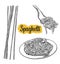 Spaghetti on fork and plate. Vector vintage black illustration on white background