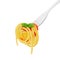 Spaghetti on a fork with sauce and basil on a white background, pasta. Vector