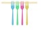Spaghetti and forks are pictured in this food illustration on a blue background. are seen in this illustration.