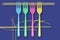 Spaghetti and forks are pictured in this food illustration on a blue background. are seen in this illustration.