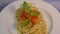 Spaghetti in homemade pesto sauce on turntable, Healthy food style