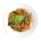 Spaghetti hot and spicy sauce with Grill Shrimp on top fresh basil ,young green peppers and red pepper