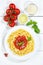 Spaghetti meal from Italy pasta lunch with tomato sauce from above portrait format