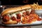 spaghetti and meatball sub, piled high with meatballs and sauce