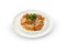 Spaghetti with meatballs, parmesan and tomato sauce on a plate. Tasty Italian pasta food. Top view shot above isolated on white